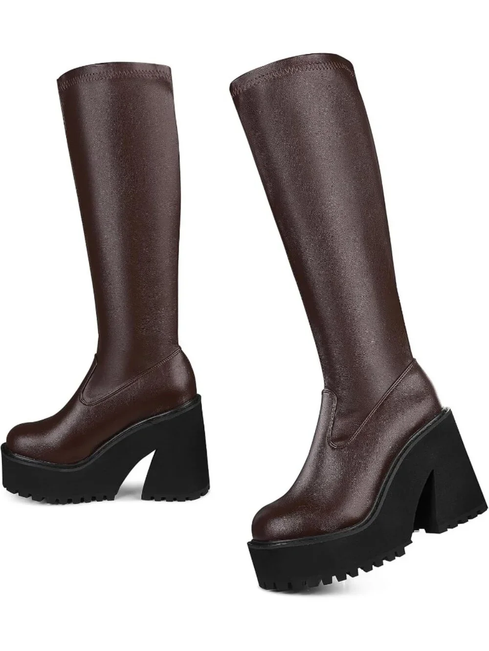 Women's Brown Faux Leather Knee High Chunky Heel Sock Round Toe Zipper Boots